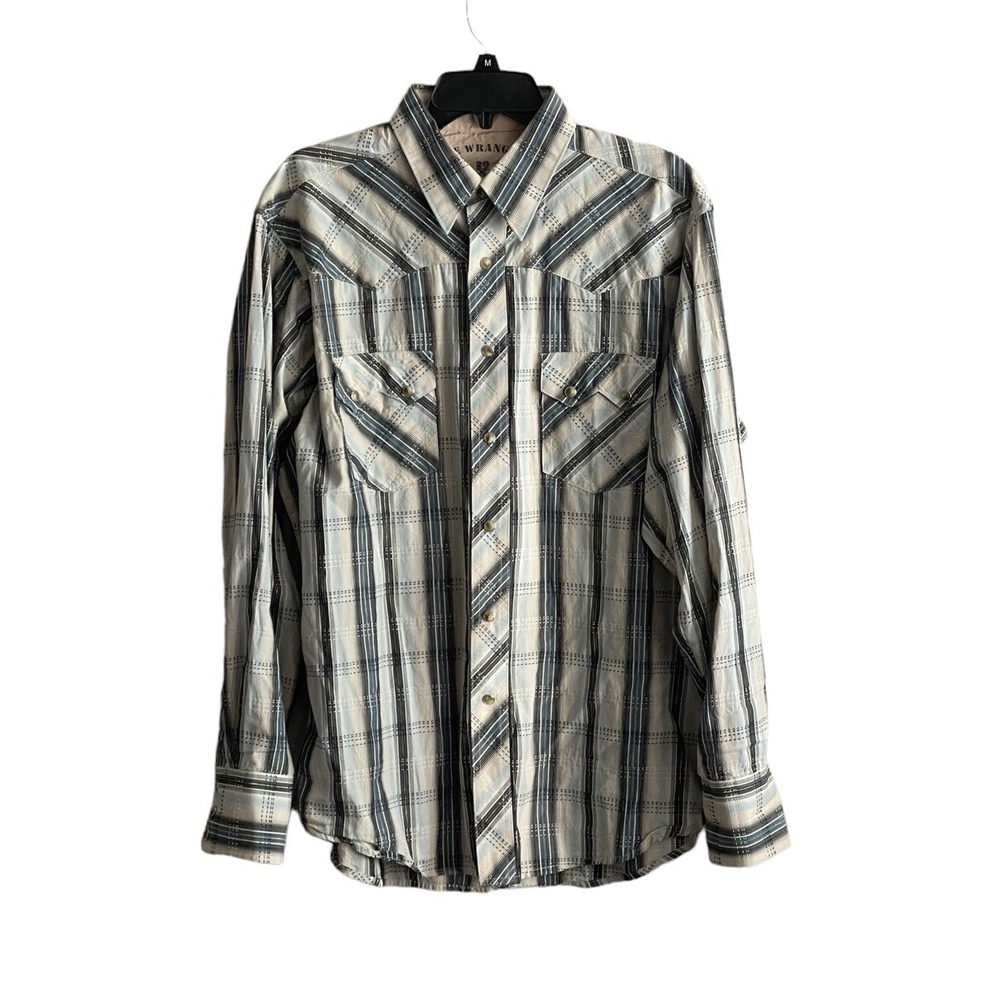 Wrangler Jeans Co Pearl Snap Shirt Men Large Blue Plaid Metallic Western Cowboy
